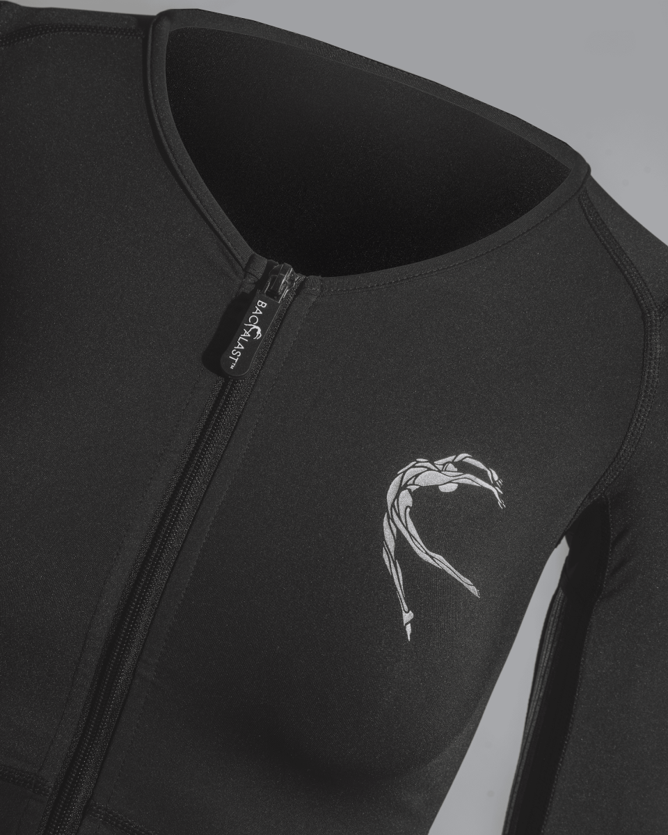 Close-up of Backalast logo on compression jacket front