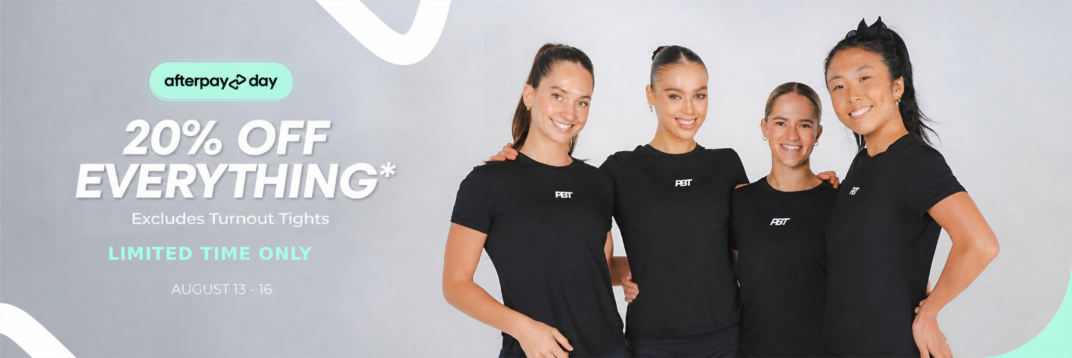 Afterpay Day 20% off everything excluding Turnout Tights in Australia, August 13 to 16