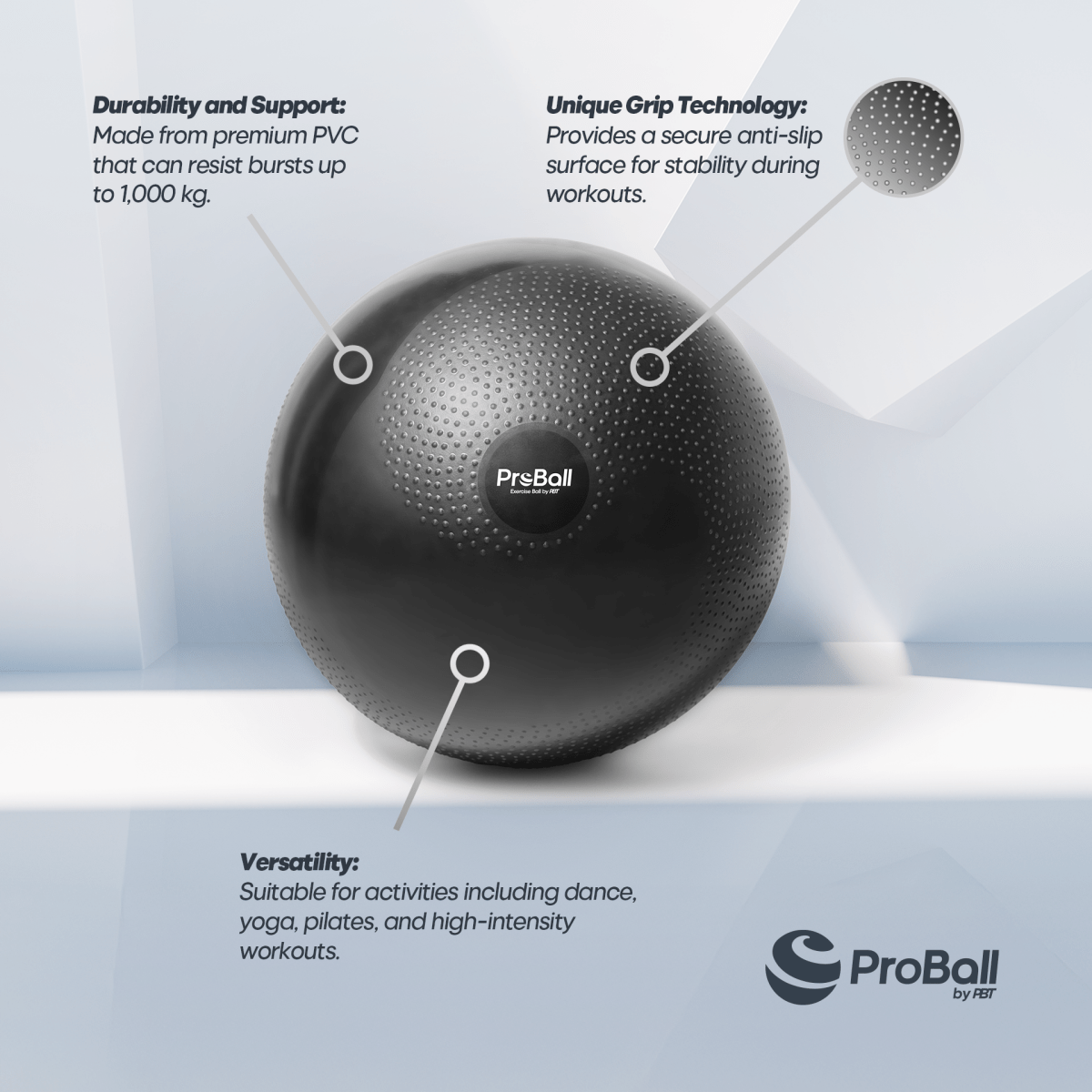 PBT Proball product close-up showing size, texture, and specifications, anti-burst